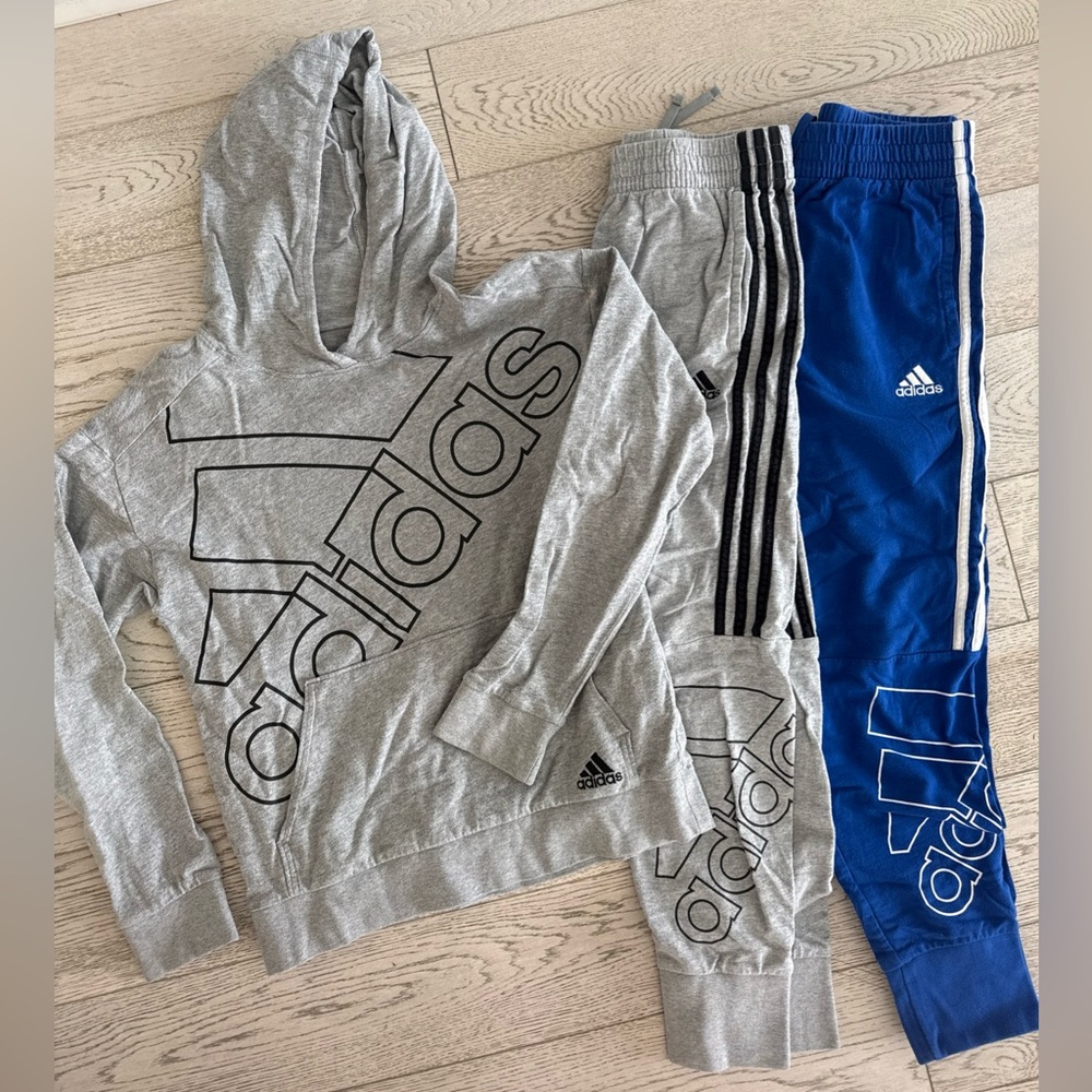 adidas Kids' Gray Hoodie & Track Pants Set - Gray and Blue boys size 10/12